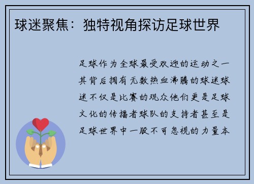 球迷聚焦:独特视角探访足球世界 球迷聚焦:独特视角探访足球世界